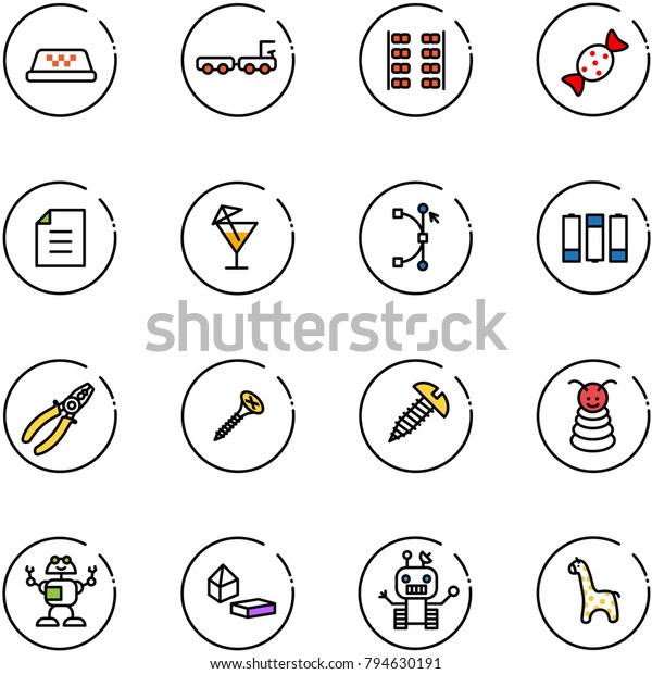 line vector icon set -\
taxi vector, baggage truck, plane seats, candy, document, drink,\
bezier, battery, pliers, screw, pyramid toy, robot, constructor\
blocks, giraffe