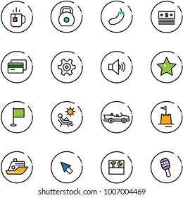 line vector icon set - tea vector, weight, eggplant, dollar, credit card, gear, volume medium, star, flag, beach, cabrio, sand castle, cruiser, cursor, tool box, beanbag