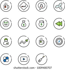 line vector icon set - tea vector, smoking area sign, merry christmas message, three leafs, dollar smile, money bag, fast backward, manager, growth arrow, green, sun power, atom core, playback