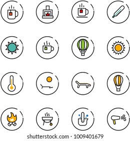 line vector icon set - tea vector, fireplace, thermometer, sun, hot, air balloon, lounger, fire, grill, casting of steel, dryer