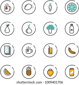 line vector icon set - tea vector, lemon, carrot, slice, pear, onion, broccoli, milk, breads, hot, drink, banana, watermelone, pineapple, strawberry