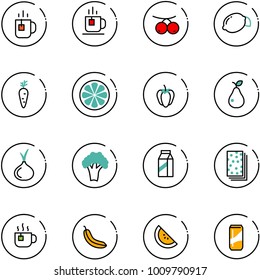 line vector icon set - tea vector, rowanberry, lemon, carrot, slice, sweet pepper, pear, onion, broccoli, milk, breads, hot, banana, watermelone, drink