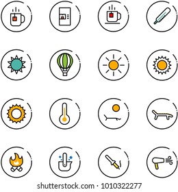 line vector icon set - tea vector, coffee machine, thermometer, sun, air balloon, lounger, fire, casting of steel, soldering iron, dryer