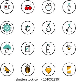 line vector icon set - tea vector, rowanberry, apple, carrot, lemon slice, sweet pepper, pear, onion, broccoli, milk, drink, watermelone, pineapple, strawberry
