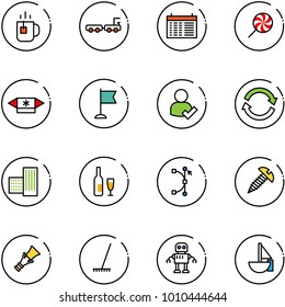 line vector icon set - tea vector, baggage truck, schedule, lollipop, candy, flag, user check, refresh, building, wine, bezier, screw, dowel, rake, robot, sailboat toy