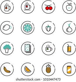 line vector icon set - tea vector, rowanberry, apple, lemon, slice, sweet pepper, onion, broccoli, breads, hot, drink, banana, watermelone, pineapple