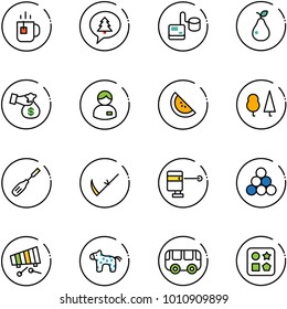 line vector icon set - tea vector, merry christmas message, tonometer, pear, encashment, manager, watermelone, forest, chisel, scythe, laser lever, billiards balls, xylophone, toy horse, bus