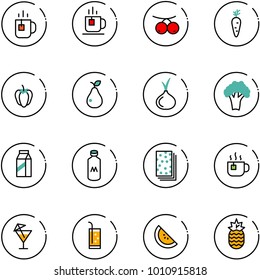 line vector icon set - tea vector, rowanberry, carrot, sweet pepper, pear, onion, broccoli, milk, breads, hot, drink, watermelone, pineapple