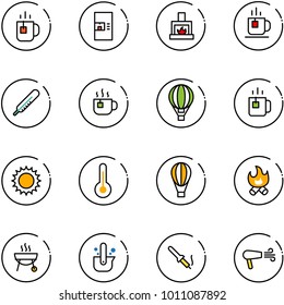 line vector icon set - tea vector, coffee machine, fireplace, thermometer, hot, air balloon, green, sun, fire, grill, casting of steel, soldering iron, dryer