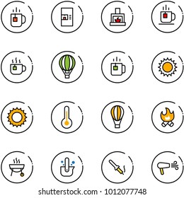 line vector icon set - tea vector, coffee machine, fireplace, hot, air balloon, green, sun, thermometer, fire, grill, casting of steel, soldering iron, dryer