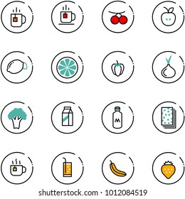 line vector icon set - tea vector, rowanberry, apple, lemon, slice, sweet pepper, onion, broccoli, milk, breads, hot, drink, banana, strawberry