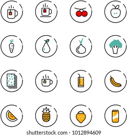 line vector icon set - tea vector, rowanberry, apple, carrot, pear, onion, broccoli, breads, hot, drink, banana, watermelone, pineapple, strawberry