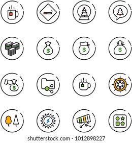 line vector icon set - tea vector, smoking area sign, snowball tree, merry christmas message, big cash, money bag, encashment, shared folder, hot, hand wheel, forest, sun power, xylophone