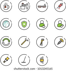 line vector icon set - tea vector, passport control, baggage truck, firework rocket, basketball ball, shield cross, user login, check, refresh, mason hammer, plumber, screw, dowel, rake