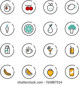 line vector icon set - tea vector, rowanberry, apple, lemon, carrot, slice, pear, broccoli, milk, hot, drink, banana, watermelone, strawberry