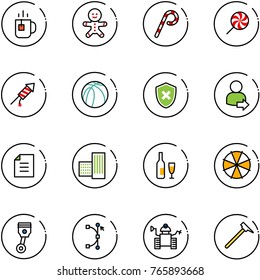 line vector icon set - tea vector, cake man, lollipop, firework rocket, basketball ball, shield cross, user login, document, building, wine, parasol, piston, bezier, robot, mason hammer