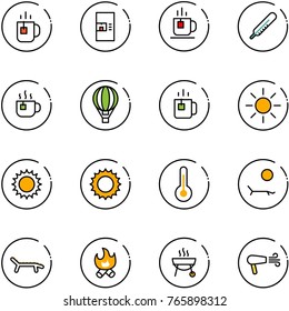 line vector icon set - tea vector, coffee machine, thermometer, hot, air balloon, green, sun, lounger, fire, grill, dryer