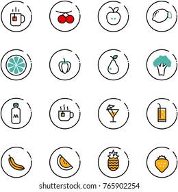 line vector icon set - tea vector, rowanberry, apple, lemon, slice, sweet pepper, pear, broccoli, milk, hot, drink, banana, watermelone, pineapple, strawberry