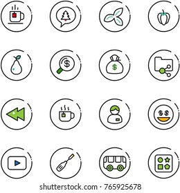 line vector icon set - tea vector, merry christmas message, three leafs, sweet pepper, pear, money search, bag, shared folder, fast backward, hot, manager, smile, playback, chisel, toy bus