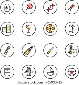 line vector icon set - tea vector, lollipop, candy, firework rocket, building, drink, parasol, bezier, plumber, pliers, clinch, rivet, tool cabinet, robot, sailboat toy, soccer ball