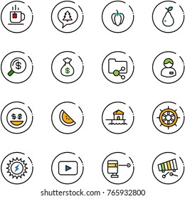 line vector icon set - tea vector, merry christmas message, sweet pepper, pear, money search, bag, shared folder, manager, smile, watermelone, bungalow, hand wheel, sun power, playback, laser lever