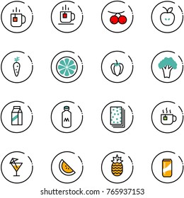 line vector icon set - tea vector, rowanberry, apple, carrot, lemon slice, sweet pepper, broccoli, milk, breads, hot, drink, watermelone, pineapple
