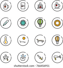 line vector icon set - tea vector, coffee machine, fireplace, thermometer, sun, air balloon, lounger, grill, casting of steel, soldering iron, dryer