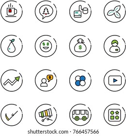 line vector icon set - tea vector, merry christmas message, tonometer, three leafs, pear, dollar smile, money bag, manager, growth arrow, dialog, atom core, playback, scythe, xylophone, toy bus