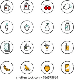 line vector icon set - tea vector, rowanberry, lemon, carrot, sweet pepper, pear, milk, breads, hot, drink, banana, watermelone, strawberry