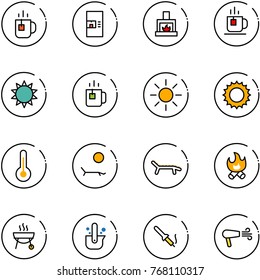 line vector icon set - tea vector, coffee machine, fireplace, sun, green, thermometer, lounger, fire, grill, casting of steel, soldering iron, dryer