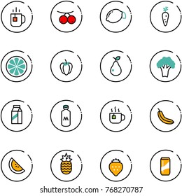 line vector icon set - tea vector, rowanberry, lemon, carrot, slice, sweet pepper, pear, broccoli, milk, hot, banana, watermelone, pineapple, strawberry, drink