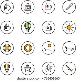 line vector icon set - tea vector, fireplace, thermometer, hot, air balloon, green, sun, lounger, grill, casting of steel, soldering iron