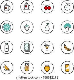 line vector icon set - tea vector, rowanberry, apple, lemon slice, sweet pepper, pear, broccoli, milk, breads, drink, banana, watermelone, pineapple, strawberry