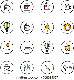 line vector icon set - tea vector, fireplace, hot, air balloon, green, sun, lounger, fire, grill, casting of steel, soldering iron, dryer