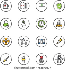 line vector icon set - tea vector, ski, dollar flag, shield check, user login, flower pot, clock around, bank building, parasol, robot, battery, dowel, clinch, allen key set, pyramid toy