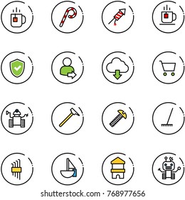 line vector icon set - tea vector, lollipop, firework rocket, shield check, user login, download cloud, cart, robot, mason hammer, screw, rake, allen key set, sailboat toy, block house