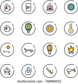 line vector icon set - tea vector, coffee machine, fireplace, sun, hot, air balloon, thermometer, lounger, fire, grill, casting of steel, soldering iron, dryer
