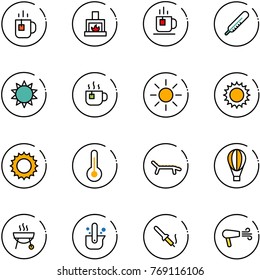 line vector icon set - tea vector, fireplace, thermometer, sun, hot, lounger, air balloon, grill, casting of steel, soldering iron, dryer