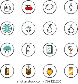 line vector icon set - tea vector, rowanberry, lemon, carrot, slice, sweet pepper, pear, onion, broccoli, milk, breads, drink, pineapple, strawberry