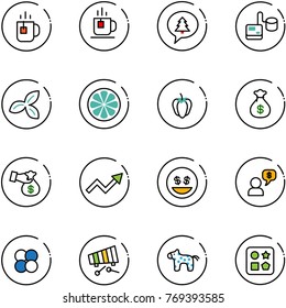 line vector icon set - tea vector, merry christmas message, tonometer, three leafs, lemon slice, sweet pepper, money bag, encashment, growth arrow, smile, dialog, atom core, xylophone, toy horse