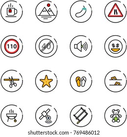 line vector icon set - tea vector, mountains, eggplant, Road narrows sign, speed limit 110, end, volume max, money smile, opening, starfish, flip flops, grill, satellite, bucksaw, bear toy