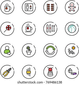 line vector icon set - tea vector, elevator, plane seats, cake man, lollipop, ski, basketball ball, user login, flower pot, refresh, beach, pliers, allen key set, pyramid toy, constructor blocks