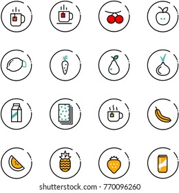 line vector icon set - tea vector, rowanberry, apple, lemon, carrot, pear, onion, milk, breads, hot, banana, watermelone, pineapple, strawberry, drink