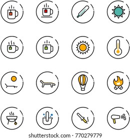 line vector icon set - tea vector, thermometer, sun, hot, green, lounger, air balloon, fire, grill, casting of steel, soldering iron, dryer