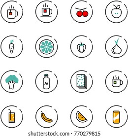 line vector icon set - tea vector, rowanberry, apple, carrot, lemon slice, sweet pepper, onion, broccoli, milk, breads, hot, drink, banana, watermelone