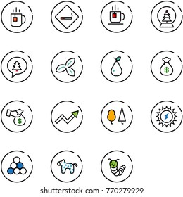 line vector icon set - tea vector, smoking area sign, snowball tree, merry christmas message, three leafs, pear, money bag, encashment, growth arrow, forest, sun power, billiards balls, toy horse