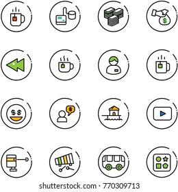 line vector icon set - tea vector, tonometer, big cash, encashment, fast backward, hot, manager, green, money smile, dialog, bungalow, playback, laser lever, xylophone, toy bus, cube hole