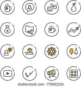 line vector icon set - tea vector, merry christmas message, tonometer, pear, money bag, shared folder, hot, growth arrow, dialog, bungalow, hand wheel, forest, playback, scythe, xylophone