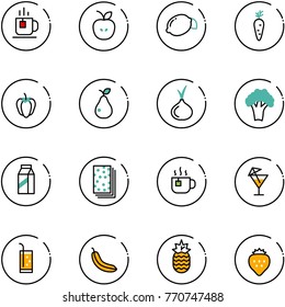 line vector icon set - tea vector, apple, lemon, carrot, sweet pepper, pear, onion, broccoli, milk, breads, hot, drink, banana, pineapple, strawberry
