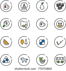 line vector icon set - tea vector, snowball tree, pear, big cash, money search, shared folder, hot, smile, watermelone, forest, atom core, scythe, billiards balls, toy horse, caterpillar, bus